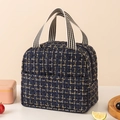 Dark blue tweed insulated lunch bag with woven canvas handles and gold thread accents - Navy Blue