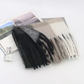 Long mohair-feel scarf in black grey beige gradient plaid with fringe tassels - 006-Black Grey Gradient