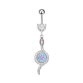 Detail of silver navel ring featuring a coiled snake pendant with colorful gemstones - 2790 Snake Around Heart