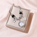 Silver beaded bracelet watch with heart and key charms on a premium jewelry box - Black