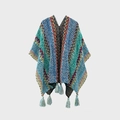 Poncho de punto bohemio con patrones de zigzag coloridos y flecos para viajes - Azul Cielo