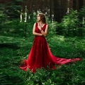 Elegant red lace evening gown with V-neck, floral embroidery and long tulle train - US size 2 (S) / Burgundy