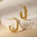 Golden C-shaped woven texture stud earrings in stainless steel on white stone - Wheat Pattern L Earrings (BJGE0865) / Gold