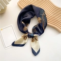 Elegant navy and beige square silk scarf with golden chain pattern and letter prints - Copper Badge Bag Navy