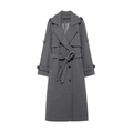 Women's dark grey long wool coat with double-breasted buttons and adjustable belt - XS / Dark Gray
