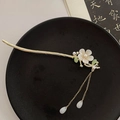 Elegant gold fringe hair stick with white flower and pearl tassels in Chinese style - White Plum Blossom