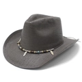 Detail of dark brown cowboy straw hat with ethnic bead band and silver feather charms - M (56-58cm) / Black and Gray