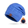 Winter dark blue knitted beanie for women featuring a thick fleece lining and sport patch - Sapphire Blue