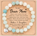 Blue and white natural stone beaded bracelet with heart charm on gift card for mom - Amazonite + Dear Mom Card