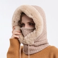 Winter fleece-lined knit hood and neck warmer set in soft beige with faux fur trim - Beige