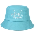 Detail of white Cat Mom embroidery and cat ears on a light blue cotton bucket hat - Adjustable / Lake Blue