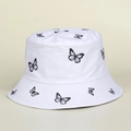 Detail of embroidered black butterflies on a white cotton bucket hat for women - M (56-58cm) / White