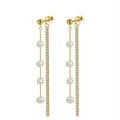 Elegant gold S925 silver long tassel earrings with white pearls and sparkling zircons - GPE22 Zirconia Tassel Pearl Dangle Earrings / Gold