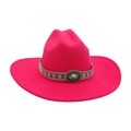 Magenta wool felt Western cowboy hat with ethnic embroidered band and turquoise stone - Large Brim Oval Blue Stone / Rose Red