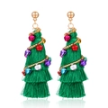 Detail of Christmas tree tassel earrings with colorful metal bells and golden beads - Green Christmas Tree Tassel Earrings