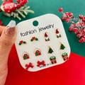 Christmas stud earring set featuring Santa, tree and gift designs in red and gold finish - Multi-Element Collection 6-Pair Set (KC Gold 4254)