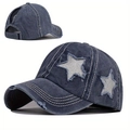 Distressed dark blue denim baseball cap with sequin stars and ponytail hole - One Size(Adjustable) / Navy Blue