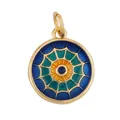 Three-tone enamel round charm with sunburst pattern and golden metal edge - Blue Green Yellow Enamel Spiderweb