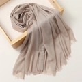 Beige lightweight linen silk blend scarf with fringe edges and natural drape texture - 180*100cm / Khaki (TH39-5)