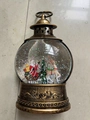 Vintage bronze Christmas lantern music box with Santa sleigh and colorful glitter inside - Reindeer and Sleigh