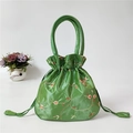 Ethnic style green satin bucket bag with floral embroidery and drawstring closure - Emerald Green