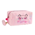 Astuccio gatto in peluche rosa con strato glitter, stampa Meow e campanello d'oro - Rosa