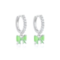 Macro view of S925 silver hoop earrings with green enamel bow and cubic zirconia - Green (Platinum)