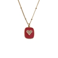 Elegant gold chain necklace featuring a red enamel heart pendant with sparkling cubic zirconia - Red Rectangle Pendant With Heart Zircon