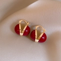 Macro detail of red bead earrings with golden V-shaped frame on satin background - 23# Ear Buckle - Gold - Red - Real Gold Plating