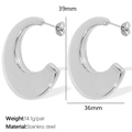 Pendientes de aro geométricos en C de acero plateado de 39 mm y peso de 14,1 g - Color Acero