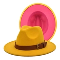 Close-up of vibrant yellow wool felt fedora with pink contrast brim and leather strap - M(56-58cm) / Yellow + Rose Red