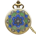Vintage bronze pocket watch featuring symmetrical blue-green enamel floral pattern - Bronze - Blue-Green Enamel Floral