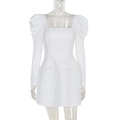 Detail of white mini dress featuring structured puff sleeves and a vintage square neckline - S / White