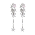 Silver drop earrings with pink floral charms, butterfly accents and tassel chains - Silver