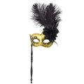 Maschera per travestimento vintage oro e nero con piume e bastone per feste - Maschera a mano oro e nero