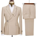 Men's light beige slim-fit two-piece business suit featuring unique side metal chain buckles - Beige