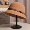 Knitted khaki bucket hat for women featuring a brown leather strap and metal buckle - M (56-58cm) Adjustable / Camel