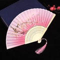 Pink gradient folding fan with flower butterfly patterns and a pink silk tassel - Style 45