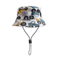 Detail of white cotton sun hat for kids featuring colorful construction vehicle prints - Style 9 (Truck Print)