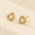 Golden heart stud earrings featuring opal center surrounded by pavé zircon crystals - 925 Silver / Golden (White Opal)