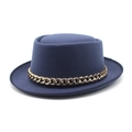 Close-up of a navy wool felt boater hat with a chunky gold chain band detail - M (56-58cm) / Navy Blue