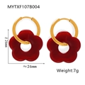 Detail of red flower petal earrings with gold rings showing dimensions 26mm and 7g weight - TXF107-Gold Flower Bright Red Earrings