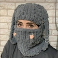 Dark grey knitted bunny ear balaclava with silver chains and pink heart details - Grey Pink Heart