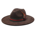 Classic dark brown suede cowboy hat featuring vintage red-green stripes and feather detail - M(56-58cm) / Brown