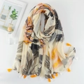 Detail of bohemian floral cotton linen scarf with orange tassels and leaf pattern - 180*90CM / Beige Orange Pink Abstract Leaf (XB537)