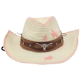 Beige western cowboy straw hat featuring pink stars and a silver bull head logo - One Size + Windproof Rope / Pink (Brown Band with White Bull)
