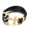 Black multilayer braided leather bracelet with polished gold anchor-shaped metal clasp - Gold Rope Pattern Anchor Three-layer Black Leather (KB79598-BD)
