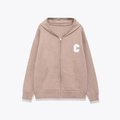 Terracotta knit hoodie with white letter C embroidery and front pockets on grey background - S / Khaki Jacket (A03)