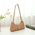 Beige baguette shoulder bag with geometric embossed pattern and gold clasp - Brown