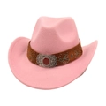 Detail of pink felt cowboy hat with ethnic embroidery and vintage silver buckle - One Size / Pink